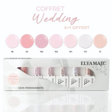 Coffret Wedding Elyamaje avec vernis semi-permanents aux tons clairs, roses et blancs, parfaits pour un mariage.