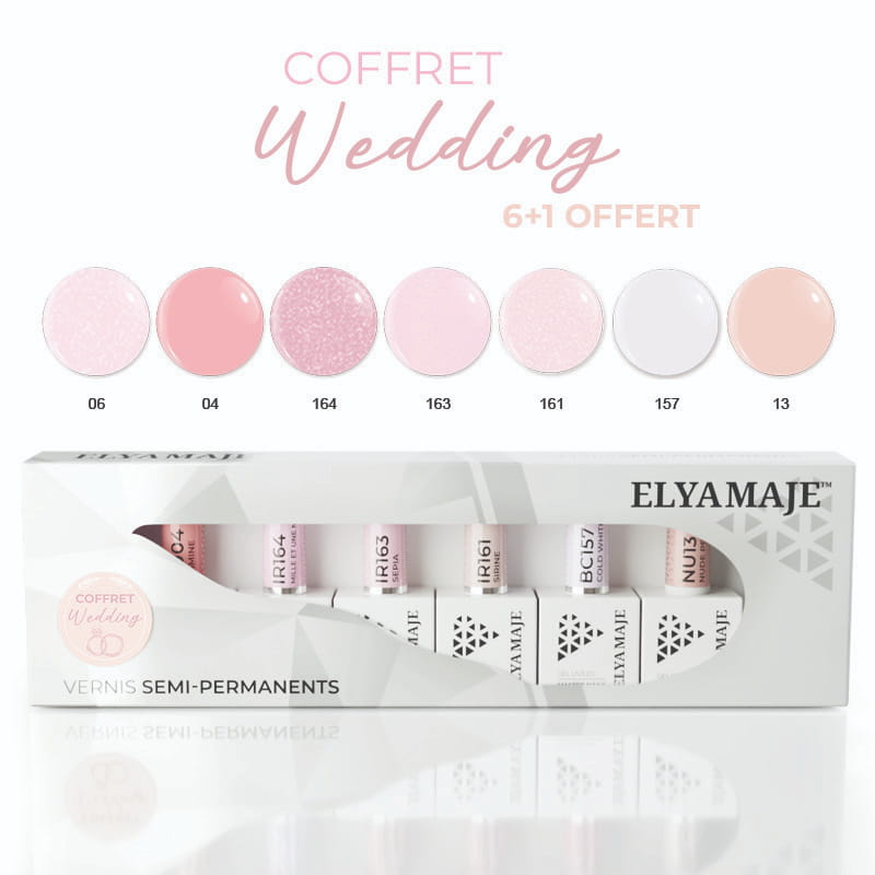 Coffret Wedding Elyamaje avec vernis semi-permanents aux tons clairs, roses et blancs, parfaits pour un mariage.