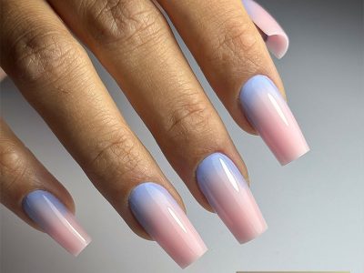 Pose ombrée pastel bleu et rose avec dégradé doux.
