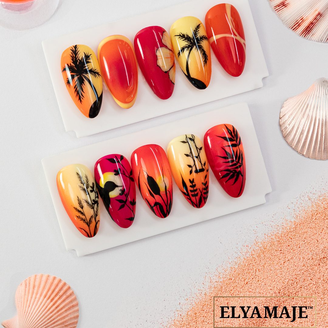 Planche d’inspirations nail art été aux couleurs chaudes avec palmiers, coucher de soleil et motifs tropicaux.