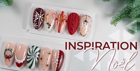 L’image présente deux planches de faux ongles décorés dans un style nail art de Noël. Les ongles du premier plateau affichent des motifs festifs : flocon blanc sur fond rouge, petit renne et branche de houx, ruban en forme de cadeau, ongle rouge texturé et un bonhomme de neige suspendu à une guirlande. Sur le second plateau, on trouve une couronne de Noël, un ongle rouge bordé de blanc façon “bonnet de Père Noël”, un tourbillon vert et blanc style sucre d’orge, des décorations lumineuses, et un flocon stylisé sur fond rouge pailleté. Des branches de sapin entourent la scène, et le texte “Inspiration Noël” apparaît à droite pour évoquer une idée de manucure festive.