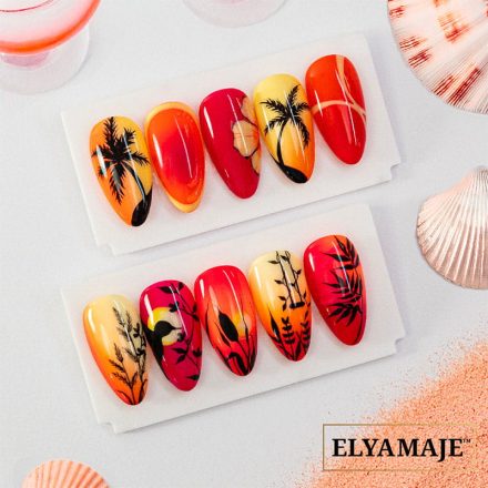 Planche d’inspirations nail art été aux couleurs chaudes avec palmiers, coucher de soleil et motifs tropicaux.