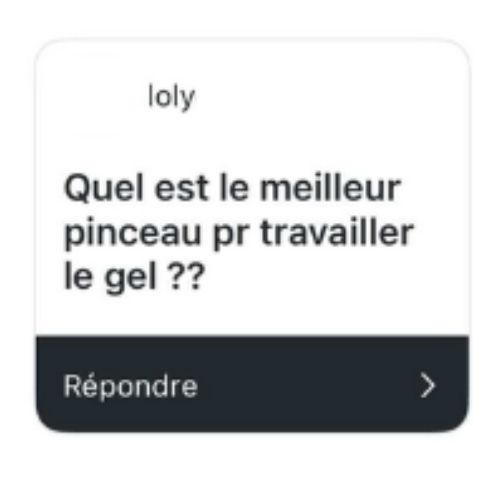 Carte de question d'une abonnée demandant quel est le meilleur pinceau pour travailler le gel Elyamaje