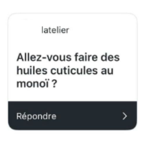 Carte de question d'une abonnée demandant si Elyamaje prévoit de lancer une huile à cuticules au monoï