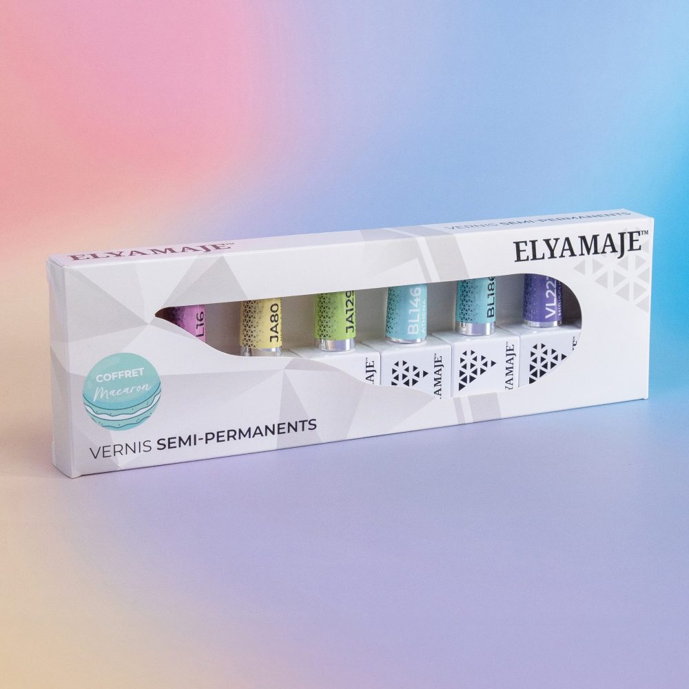 Coffret Macaron Elyamaje avec vernis semi-permanents aux teintes vives et gourmandes